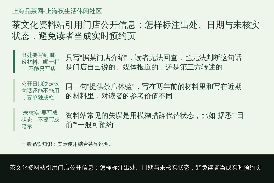 茶文化资料站引用门店公开信息：怎样标注出处、日期与未核实状态，避免读者当成实时预约页的知识要点示意图